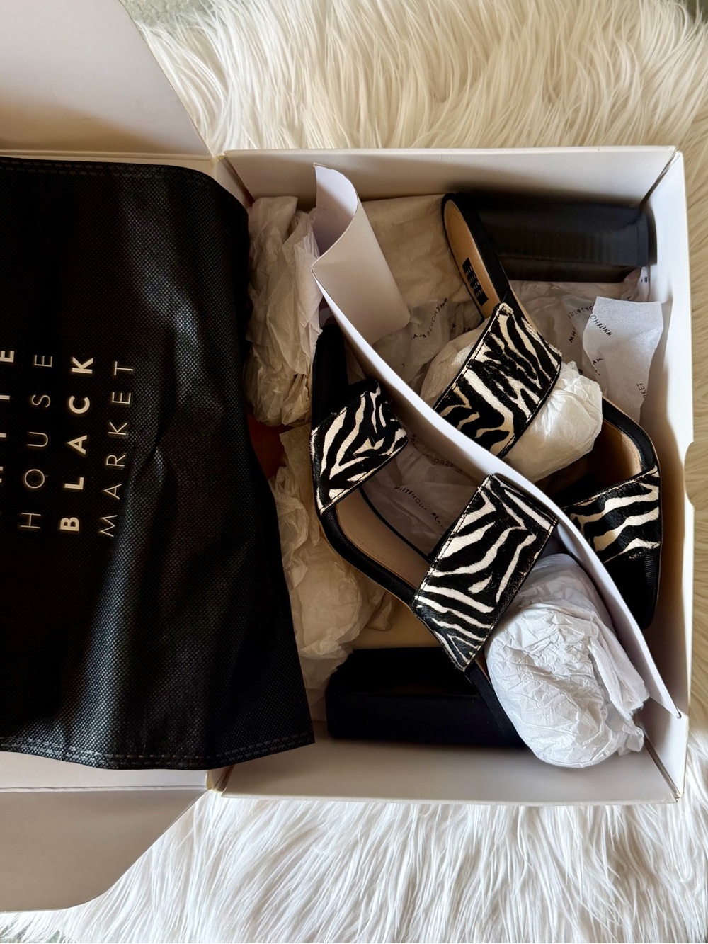 White House Black Market Black and White Zebra Block Heel Sandals